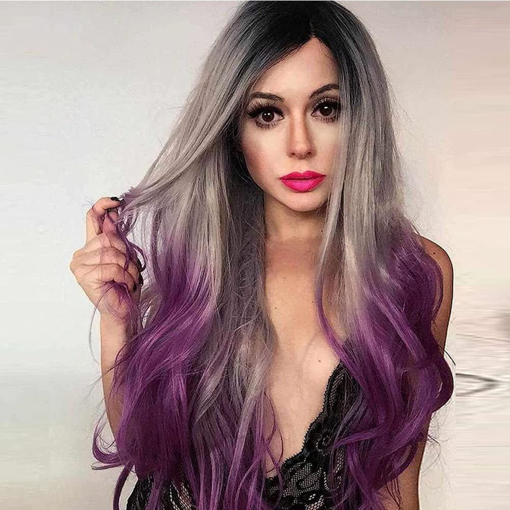 AFBeauty Grey Purple Lace Front Wig for Women Synthetic Long Wavy Colorful Pre Plucked Wig with Black Root Heat Resistant Fiber Cosplay Makeup Drag Queen Soft Wig