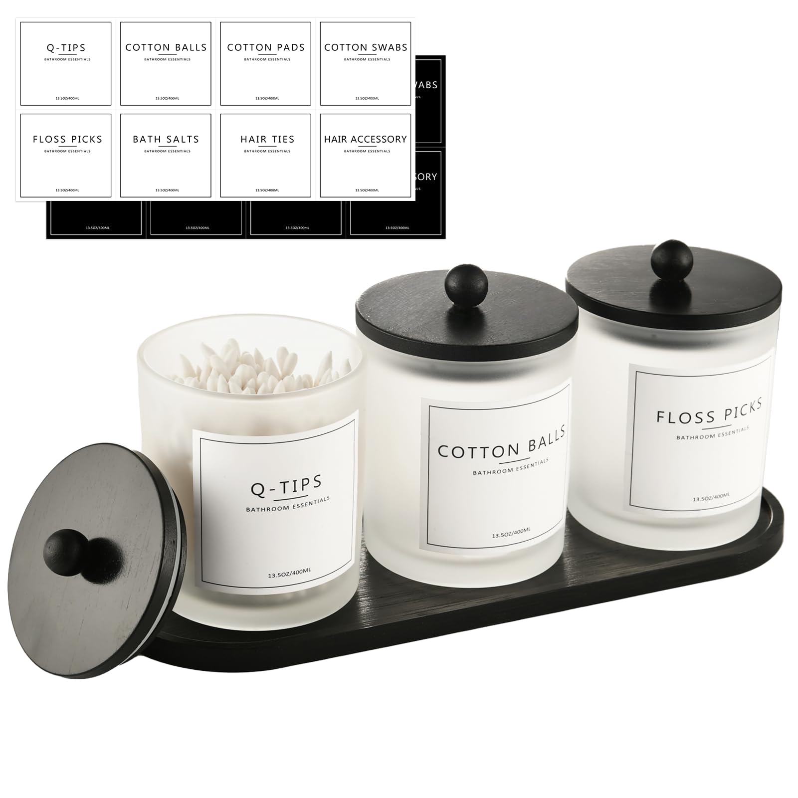 Photo 1 of 3 Pack Qtip Holder Bathroom Set,Cotton Ball Swab Pad Holder Cotton Round Floss Pick Dispenser with Tray,Glass Apothecary Jars with Lids,Bathroom Organizers and Storage Canisters-Frosted White