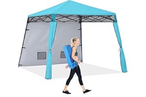 COOSHADE Compact Lightweight Backpack Canopy Sun Protection 8x8 Pop up Shelter Slant Leg Beach Tent with 1 Sidewall, 4 Extra Sandbags (Sky Blue)
