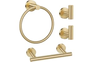 Brushed Gold Bathroom Hardware Set, 4-Piece Towel Holder Set Include Double Bases Toilet Paper Holder,Towel Ring and 2 Towel 