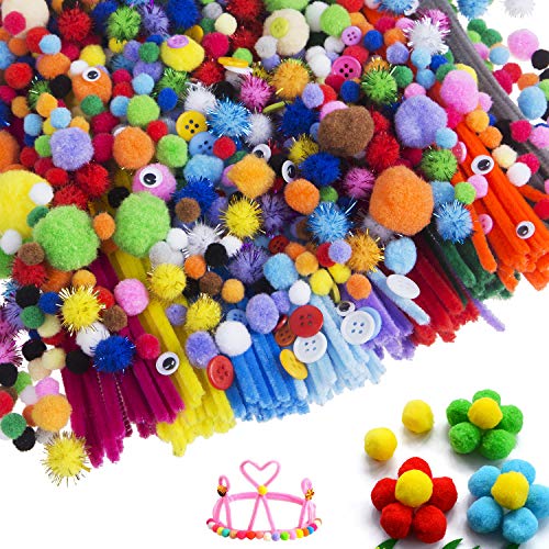 2200 Pcs Pom Poms Pipe Cleaners Craft Set, Acerich 1800 Pcs Assorted Pom Poms, 200 Pcs 10 Colors Chenille Stems, 100 Pcs Buttons and 100 Pcs Wiggle Googly Eyes for DIY Craft Supplies - Thumbnail 2