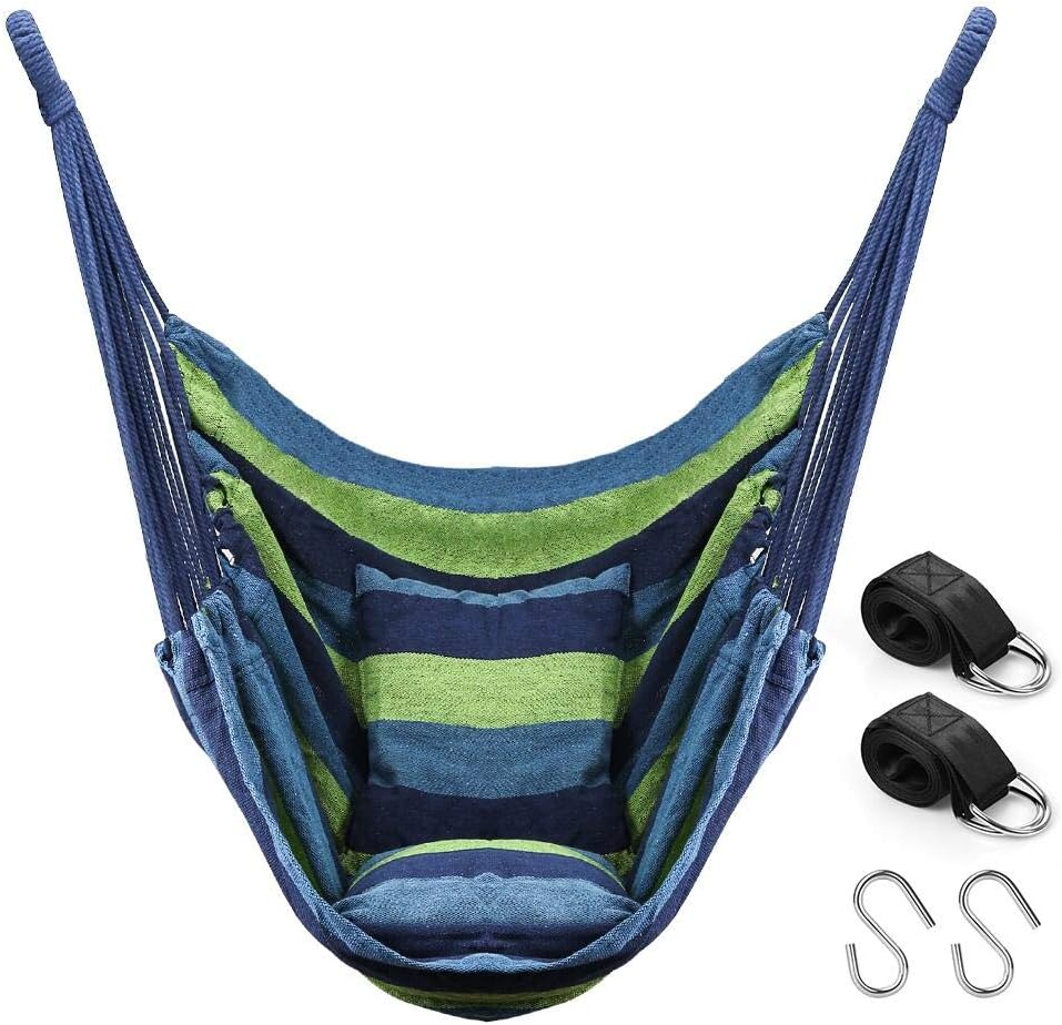 QF Hammock Chair Swing Hanging Hammock Chair with 2 Cushions, Hammock Swing Seat Cotton for Patio, Porch, Bedroom, Backyard, Indoor or Outdoor (Blue)