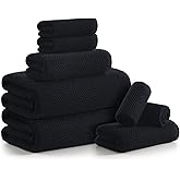 REDKISS 8 Piece Waffle Weave Towel Set - 100% Cotton Lightweight & Quick Dry - Highly Absorbent for Bathroom, Spa, Home, 2 Bath Towels, 2 Hand Towels, 4 Washcloths - Black