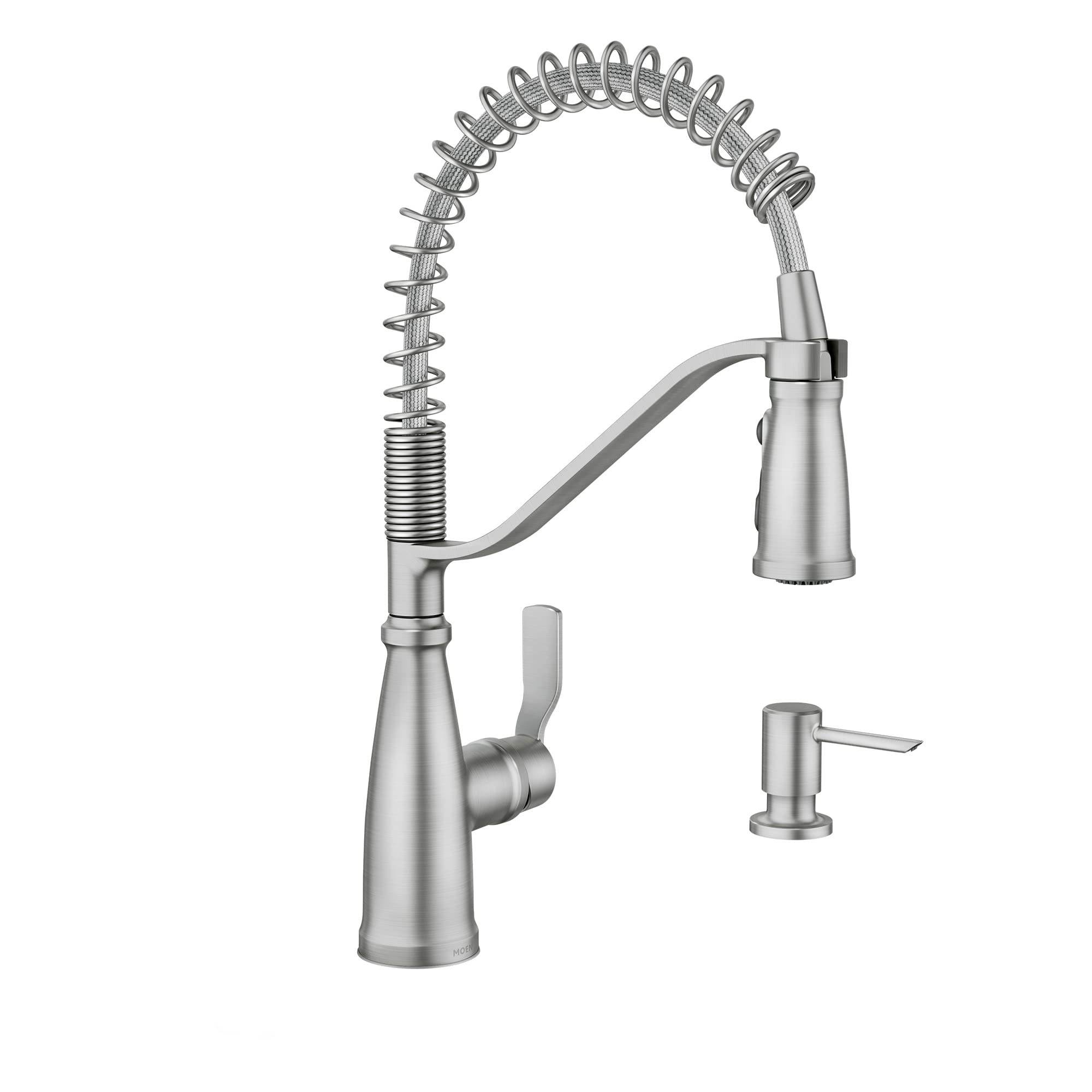 Photo 1 of Moen Nolia Spot Resist Stainless One-Handle Pre-Rinse Spring Pulldown Kitchen Faucet, Single Hole Kitchen Sink Faucet with Soap Dispenser, 87886SRS