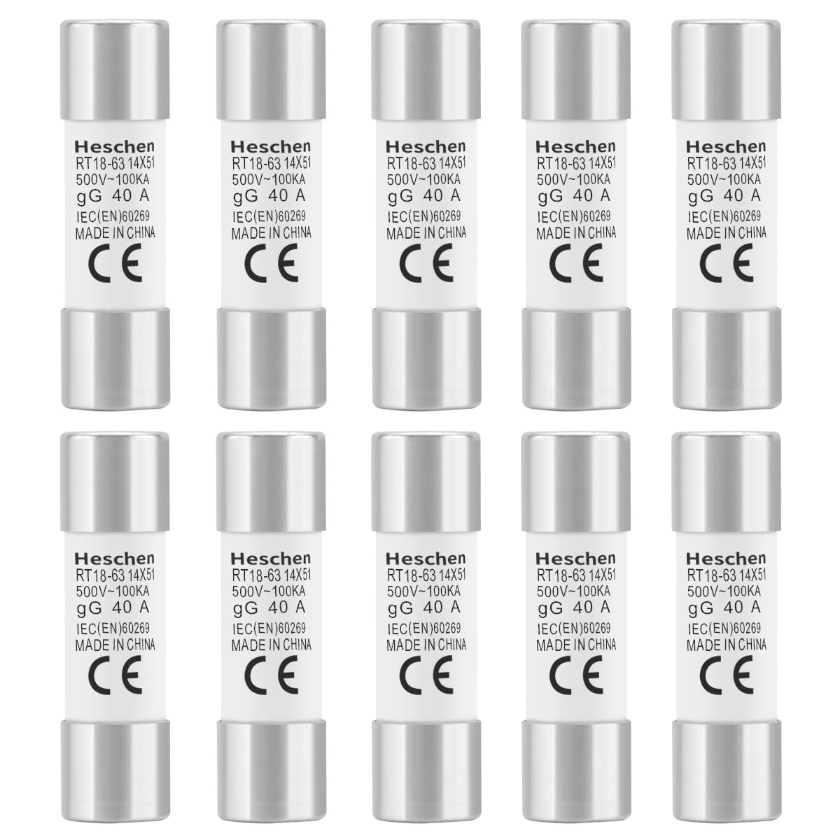 Heschen Cylindrical Ceramic Tube Fuse Link, RT18-63 (RO16), 14 * 51 mm, 40A 500V, CE, Pack of 10