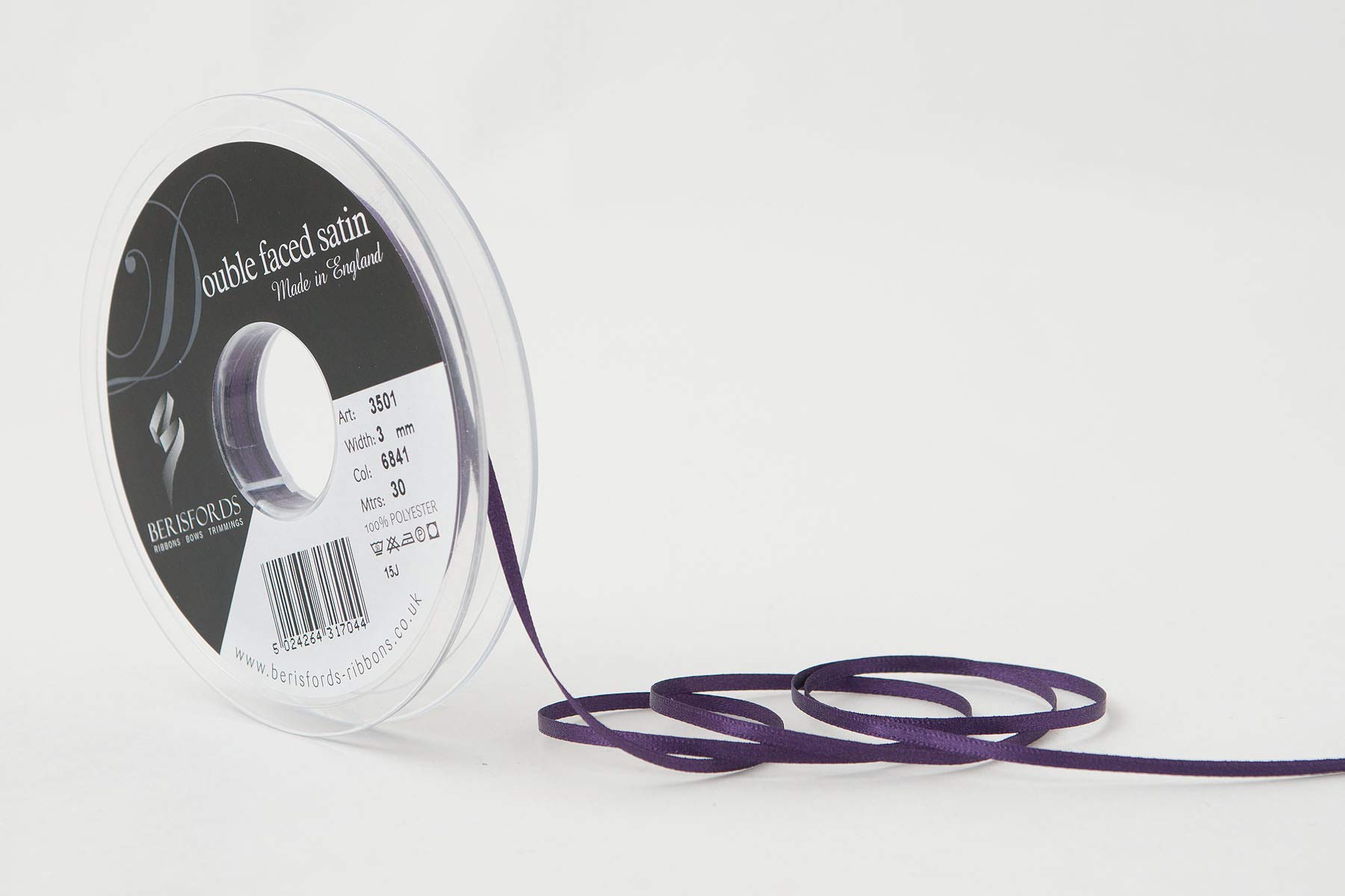 Berisfords Double FACE Poly Satin Ribbon, BlackBerry, 3 mm