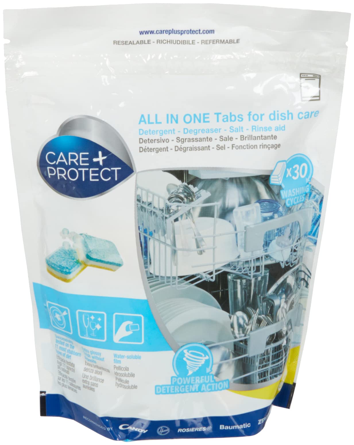 CARE+PROTECT Tabs Dishwasher All in One, Detergent, Degreaser, Rinse, 30 Tablets, Complete Protection