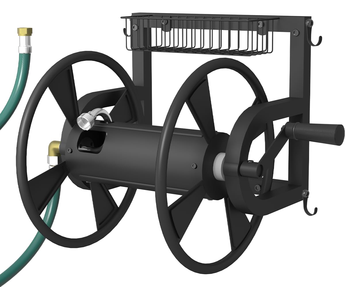 Photo 1 of Artigarden Outdoor Wall Mounted Hose Reel with Hook, Garden Heavy-Duty Water Holder Winder with 3.9 ft Leader Hoses, Brass Fitting and Storage Basket for Yard, Holds 125 Ft of 5/8-Inch Hose, Black