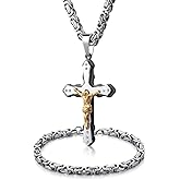 WESTMIAJW Mens Stainless Steel Silver Gold Jesus Cross Pendant Necklace Chain Bracelet Set Jewelry 45/50/55/60/65/70/75cm