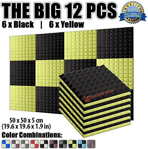 Dragon Dash 12 Pack of 19.6" X 19.6" X 1.9" Inches Black and Yellow Acoustic Soundproofing Pyramid Foam Studio Treatment Wall Panel Tiles DD1034 (BLACK &amp; YELLOW)