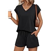 AUTOMET Women 2 Piece V Neck Matching Lounge Sets Clothing Spring Cap Sleeve Shirt and Shorts 2026 Summer Airport Outfit
