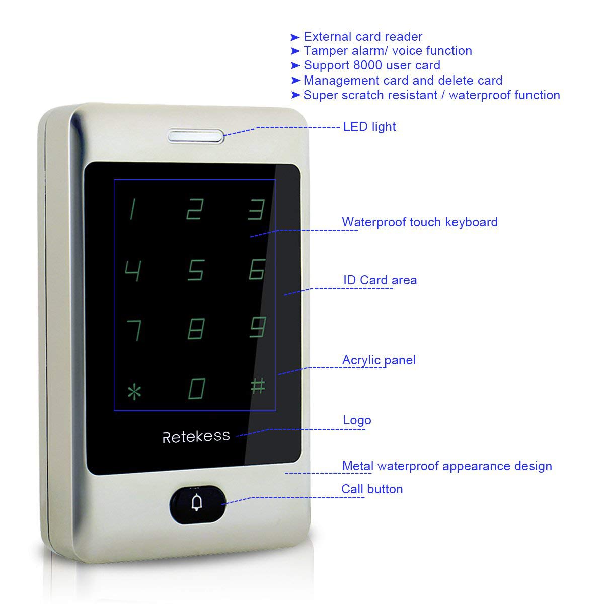 Retekess T-AC01 Wiegand Keypad,Door Access Control System,Touch Keypad RFID,8000 User,Garage Keyless Entry Pad,Security Access Control Exit Button