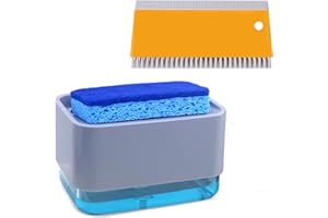 HvOvMvE Dish Soap Dispenser with Sponge Holder for Kitchen Sink, 2 in 1 Kitchen Soap Dispenser with Water Scraper, 2 Pack Scratch Dish Sponges for Kitchen Countertop, Sink, Bathroom, Cleaning Gadgets