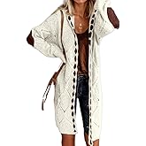 Womens Long Sleeve Cable Knit Cardigan Open Front Jacket Fall Winter Casual Long Sweater Hooded Chunky Coat