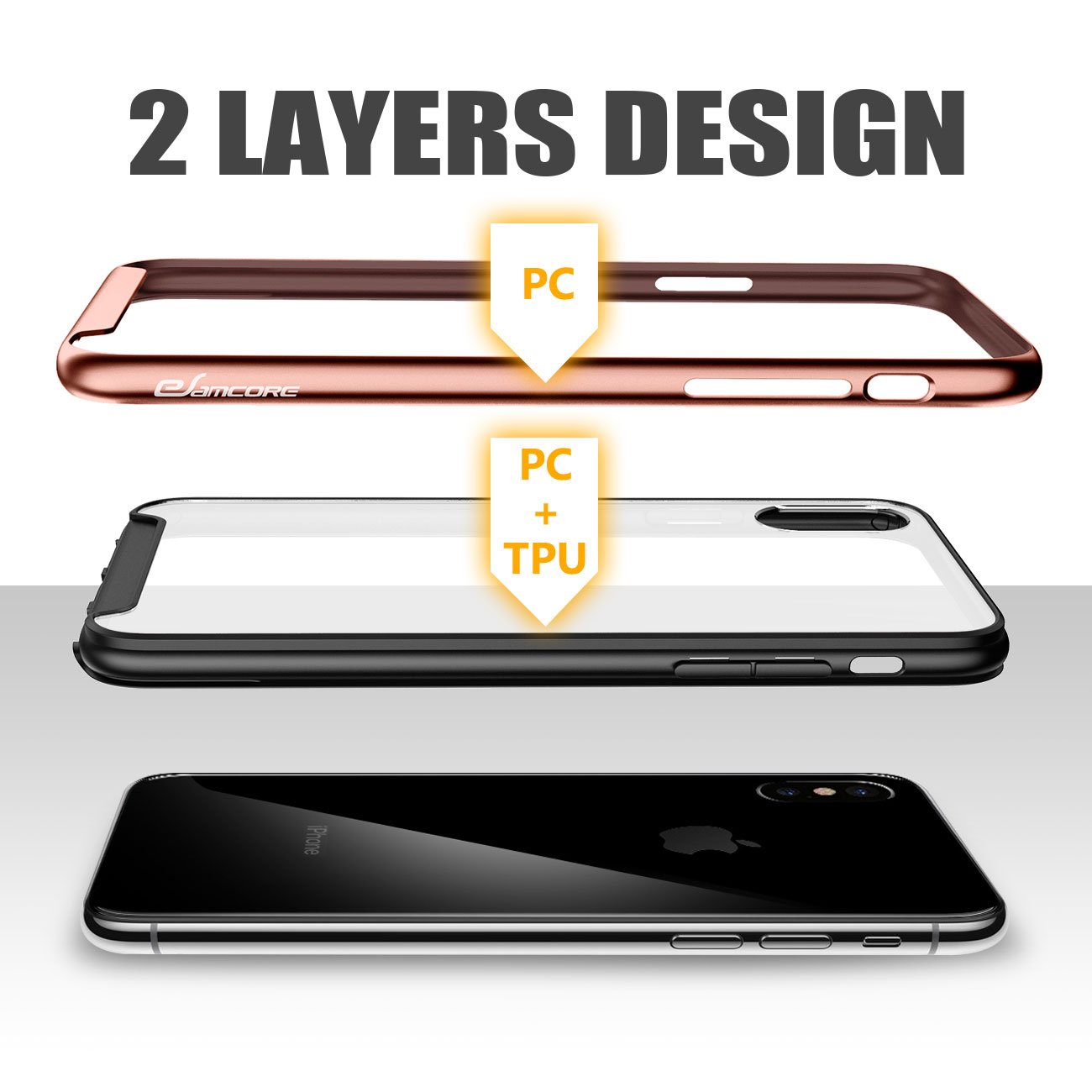 iPhone X Case, eSamcore Protective Slim Hard Clear Back Case Cover with Tempered Glass Screen Protector [Shockproof Bumper] for Apple iPhone X 2017 [Blush Gold]