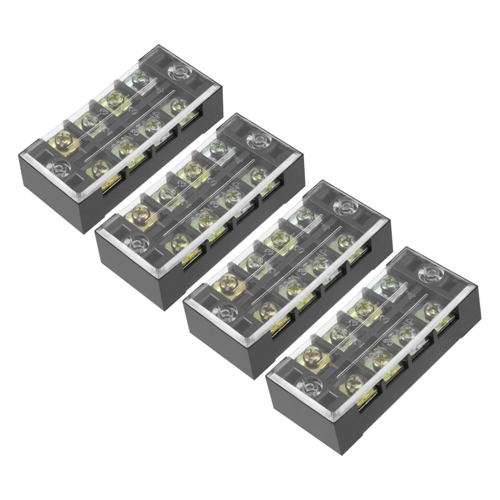 Rebower 4 Positions Dual Rows 600V 35A Terminal Strip Blocks Barrier Screws (with Cover), [for Wires Connecting, Electronic Circuits] - 4 Pack/Black/TB-3504L