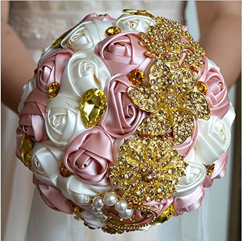 Hestian 8" Luxury Handmade Romantic Silk Roses with Deluxe Rhinestones Bridal Wedding Bouquet Silk Rose Hand Tie (ivory &amp; pink golden Rhinestones)