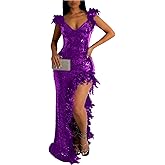 Women's Sexy Sequin Feather Prom Dresses 2025 High Slit Deep V Neck Evening Formal Masquerade Ball Gown Maxi Dress