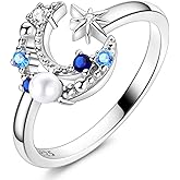 Hapour Adjustable Moon Star Ring for Women S925 Sterling Silver Open Eternity Band Crescent CZ Pearl Statement Rings