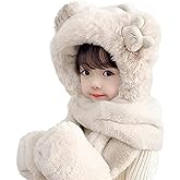 Kid Animal Hooded Hat 3 in 1 Furry Earflap Cap Scarf Mittens Cute Bear Warm Winter Plush Hoodie Hat Full Pocket Set for 6-12Y