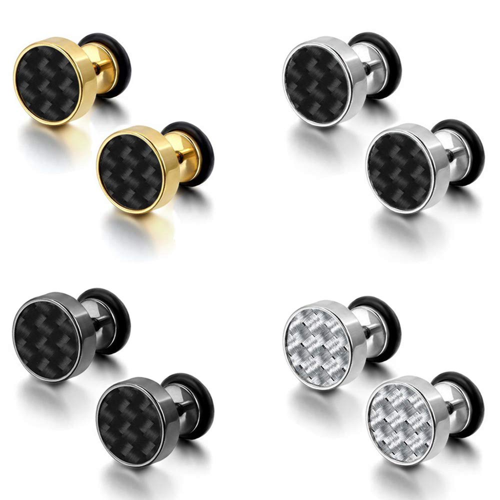 Epoch World 4 Pairs Set Stainless Steel Carbon Fiber Silver Black Gold Stud Earrings for Men Women Girl Boy, Men Earrings Studs Silver Women Earrings Gold Small Piercing Plugs Tunnel 8MM