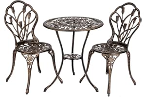 Bonnlo Patio Bistro Sets 3 Piece Cast Aluminum Bistro Table and Chairs, Rust Resistant Outdoor Bistro Set Patio Table and Chairs Tulip Design