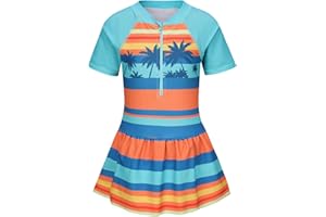 LOLLISY Girls One Piece Swimsuits Hawaiian Skirted Bathing Suit for Kids Girls Summer Swim Dress Short Sleeve Swimwear 3-16 Years