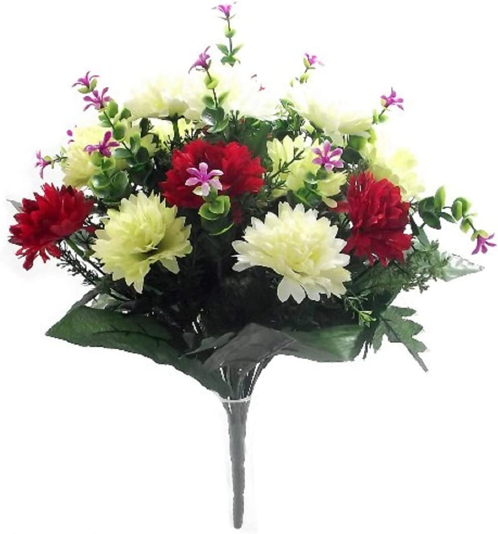 Bagari Artificial Flowers, Large Mixed Bush Grave Flowers, 41cm Fake Flowers for Decoration, Ivory - Light Green - Red Artificial Flowers (2 pcs)