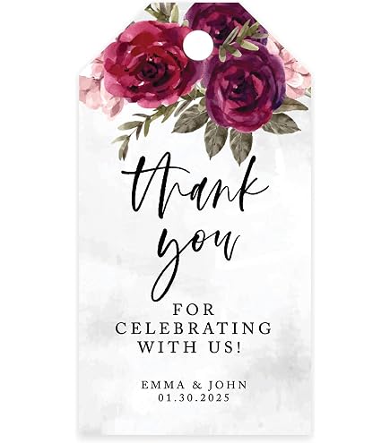 Personalized Wedding Thank You Tags - Floral Burgundy Favor Tags For Wedding Decor