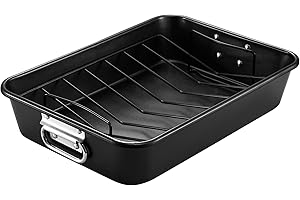 HONGBAKE Nonstick Roasting Pan with V-shaped Rack, 11 x 15.75 Inch Turkey Roaster Pan with Steel Handle for Ovens,Lasagna Pan for Thanksgiving, Christmas