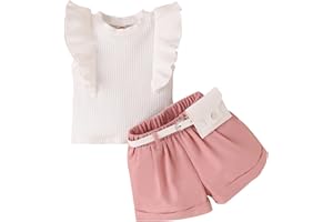 Toddler Girl Summer Outfits Ruffle Sleeve Knit Ribbed Shirt and Shorts Kids 2Pcs Clothes Set