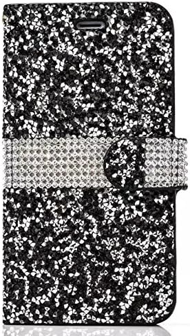 Iphone 6/S Plus Case, Shinny Glitter Jelly Color Full Diamond Rhinestone Magnet PU Leather Stand Wallet Flip Case for Iphone 6/S Plus 5.5"(Belt &amp; Card Cash Holder) (Black)