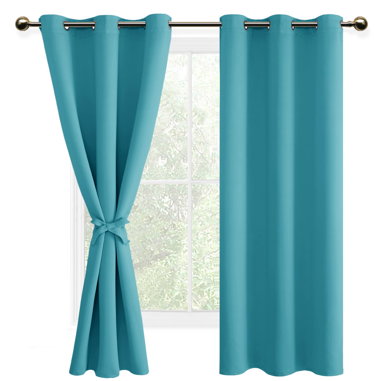 DWCN Turquoise Blackout Curtains with Tiebacks for Bedroom Thermal Insulated Solid Eyelet Curtains for Living Room,2 Panels,46" Wide x 72" Drop