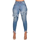 FairBeauty Women's Skinny Stretch Jeans Frayed Raw Hem Slim Fit Jeans Ripped Denim Pants