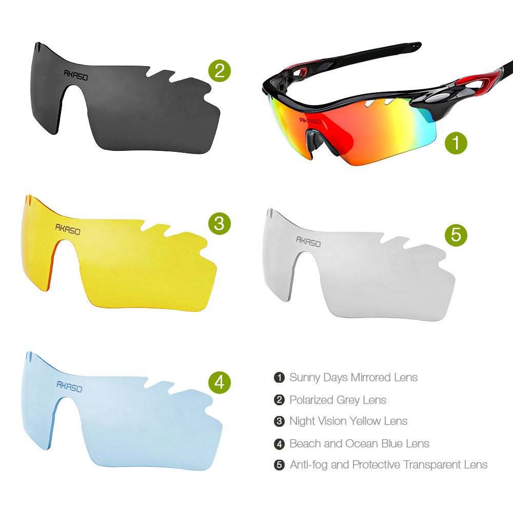 AKASO Polarized Sports Sunglasses, 5 Interchangeable Lenses, TR-90 Frame, UV Protective, for Fishing, Running, Cycling, Driving, Unisex for both Men and Women