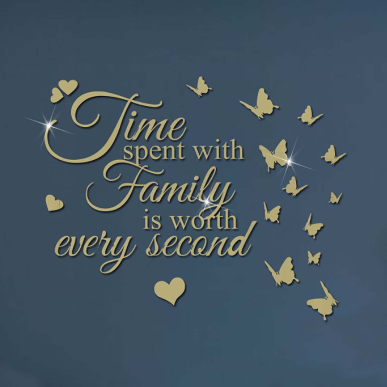 3D Acrylic Mirror Wall Stickers with Butterfly, Time Spend with Family Peel and Stick Mirror Wall Decal, Removable Mural DIY Wall Decor for Home Living Room Bedroom-Golden
