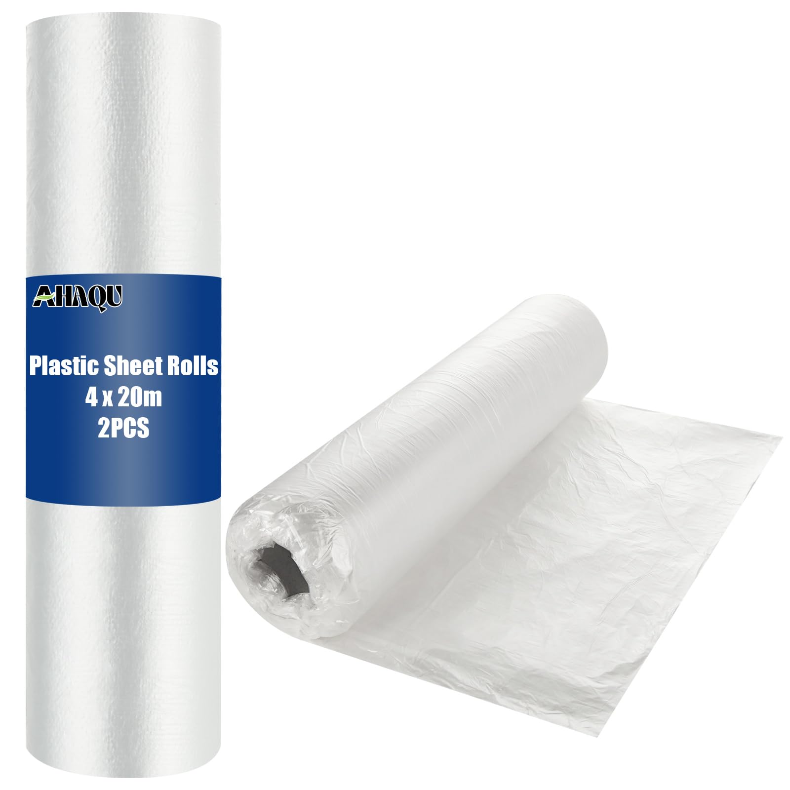 AHAQU 2 Roller Plastic Dust Sheets for Decorating, 4 x 20m/13 x 65ft Large Plastic Sheet Rolls, Waterproof Polythene Sheeting Roll for Painting Covering, Furniture & Floor Protection