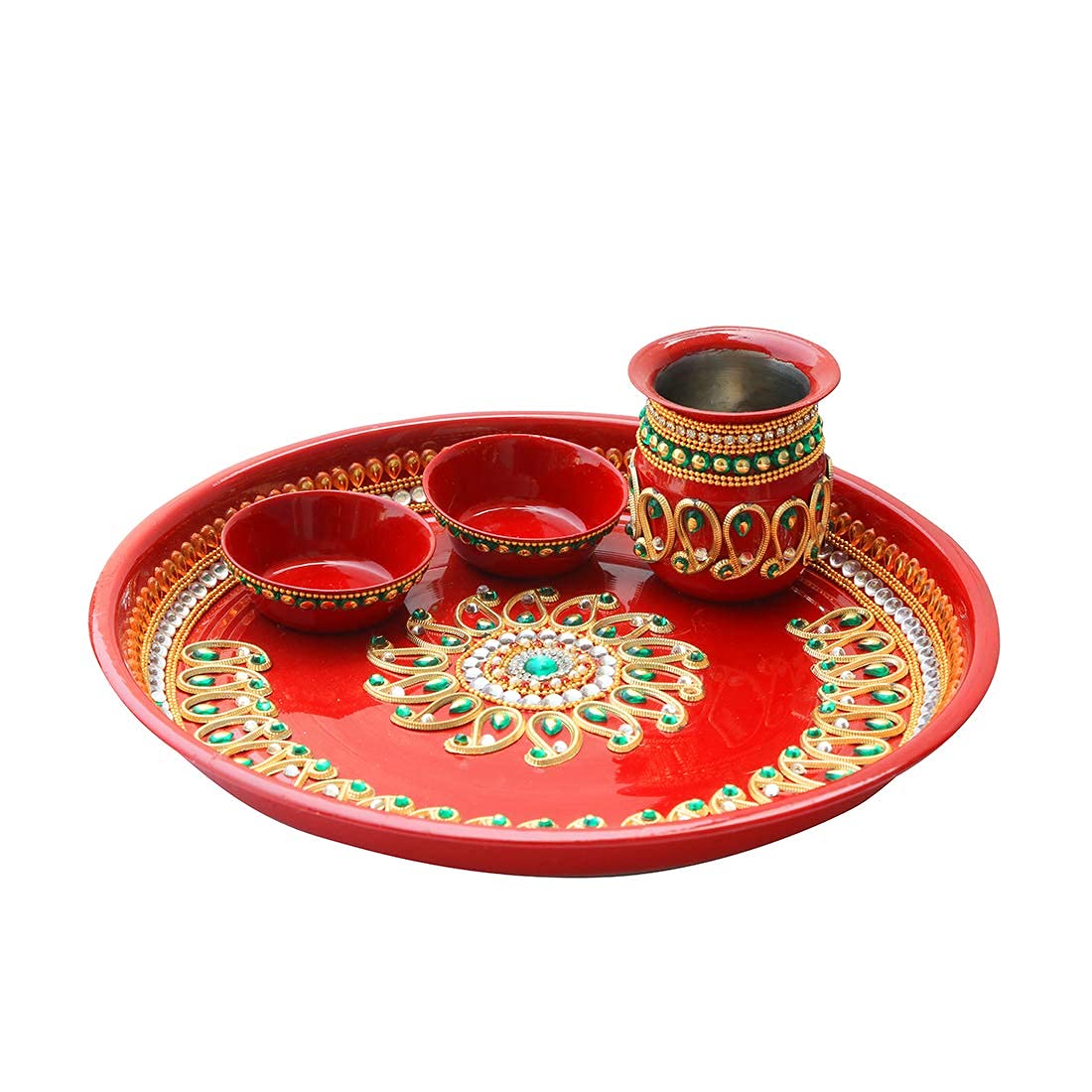Aditri Creation Pooja Thali with Kalash Platter Decorative Indian Traditional Decor Kit Steel Puja Thali with Essential Pooja Articles for Aarti Rituals Festival Decorations & Gifting (Size- 9")(Red)