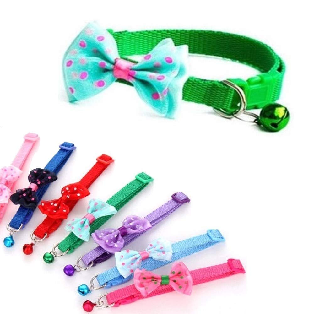 Small Dog Puppy Pet Collar Bow Tie Decoration with Bell Nylon Adjustable Size 19-32cm Green