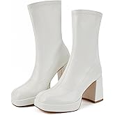 Putu Platform Boots for Women,GoGo Boots,Square Toe Chunky Heel Ankle Boots Pull on Booties