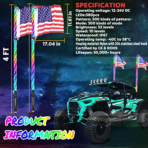 Adust-LED-Whip-Lights-for-UTV-Dune-Buggy-2PCS-4FT-Spiral-RGB-300-Colors-178-Modes-Bluetooth-Remote-Control-Waterproof-IP67-for-Can-Am-ATV-UTV-RZR-Polaris-Dune-Buggy-Offroad-Truck-Accessories