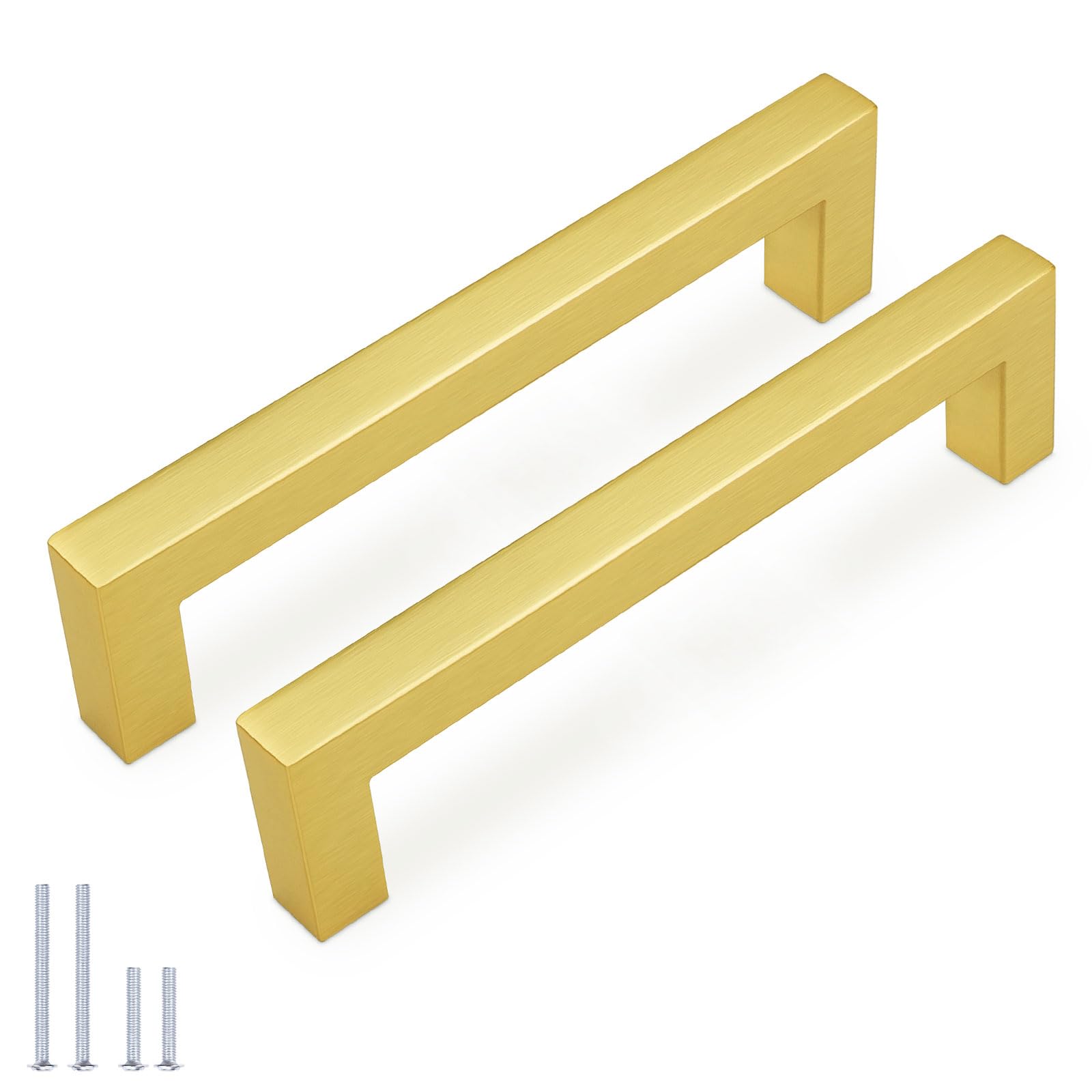 KNOBWELL 12Pack 5 Inch Brushed Gold Cabinet Pulls Stainless Steel Kitchen Cabinet Handles Square Drawer Pulls Modern Cabinet Hardware Handles，128mm Hole Centers Image