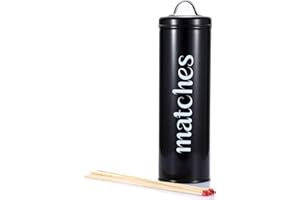 OwnMy 11 Inch Long Matches Holder for Fireplace/Grill, Metal Long Safety Matches Storage Container with Lid and Handle, Indoor Outdoor Matches Sticks Holder Jar Farmhouse Decors, Black