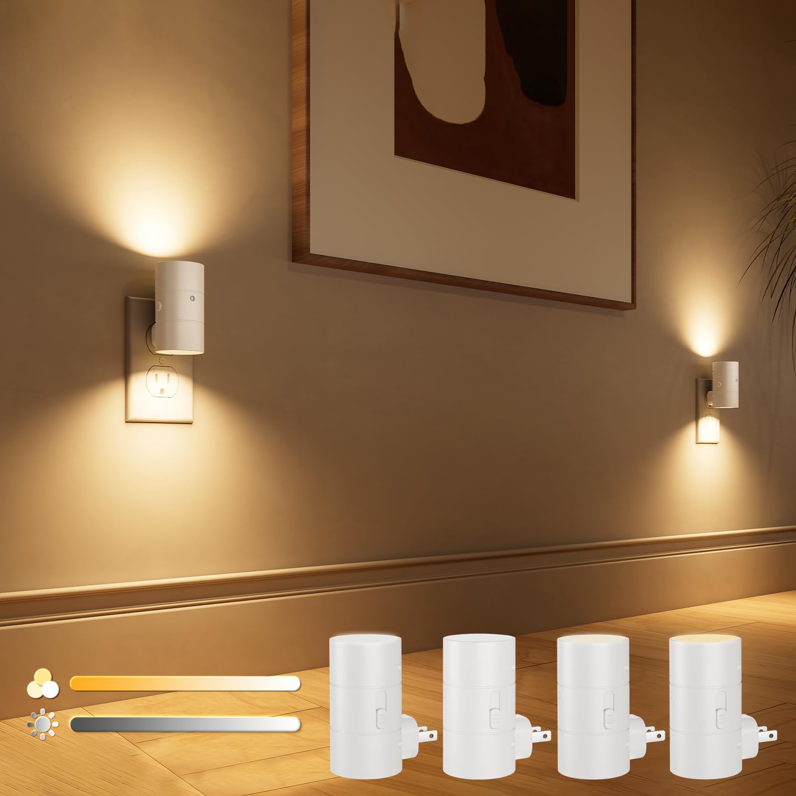 Photo 1 of VOLISUN Night Lights Plug into Wall, Dimmable LED Nightlight with Dusk to Dawn Light Sensor, 0-100LM Adjustable Brightness, 3 Color Temperatures, Smaller Plug White 4 Pack for Hallway,Bedroom,Bathroom