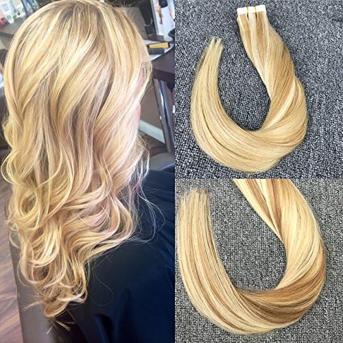 GOESSOM 24inch 50g/20pcs Strong Adhesive Tape Human Hair Extensions Straight Highlights Hair Honey Blonde to Bleach Blonde Skin Weft Extensions 100% Human Hair Tape in Extensions