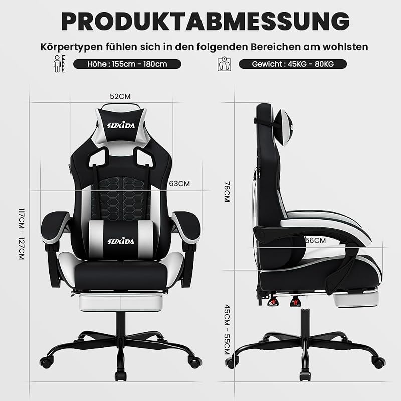 Gaming Stuhl, Ergonomischer Gaming-Stuhl mit Fußstütze, Racing Gaming Chair Kopfstütze Verstellbarer Computerstuhl Höhenverstellbar Lendenwirbelstütze für Homeoffice und Gaming Schwarz — Foto 3 von 8