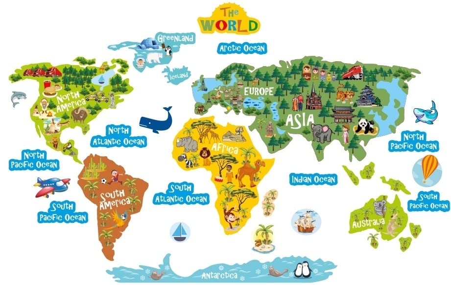 lepni.me World Map Kid’s Room Décor Peel and Stick Vinyl Sticker with Continents Oceans and Animals | Classroom or Kindergarten | Playroom | Nursery Bedroom Wall Art Self-Adhesive Decal (Medium)