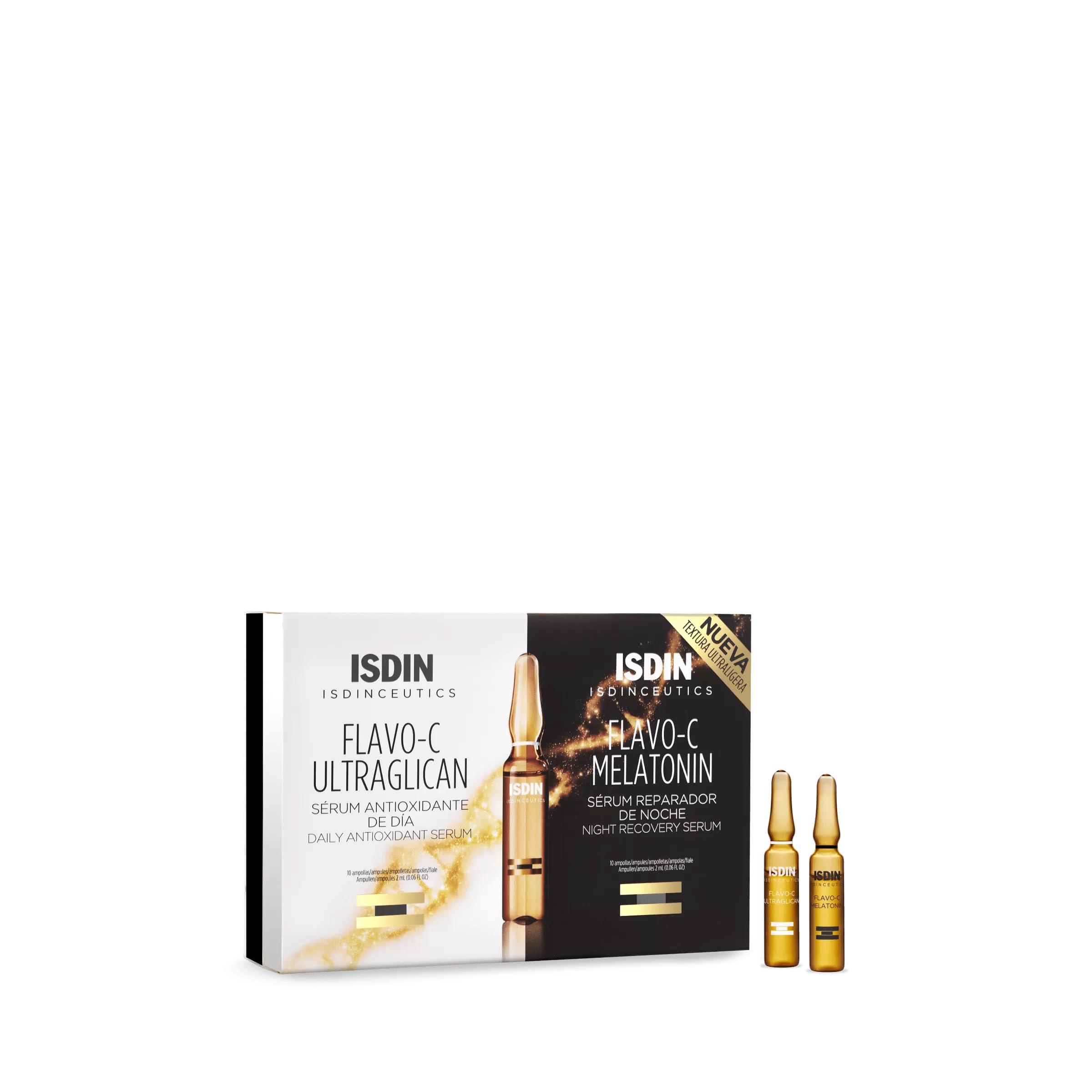 ISDIN Isdinceutics Day and Night Pack | Flavo-C Ultraglican (10 ampoules) and Flavo-C Melatonin (10 ampoules) | Daily Antioxidant Serum and Night Recovery Serum