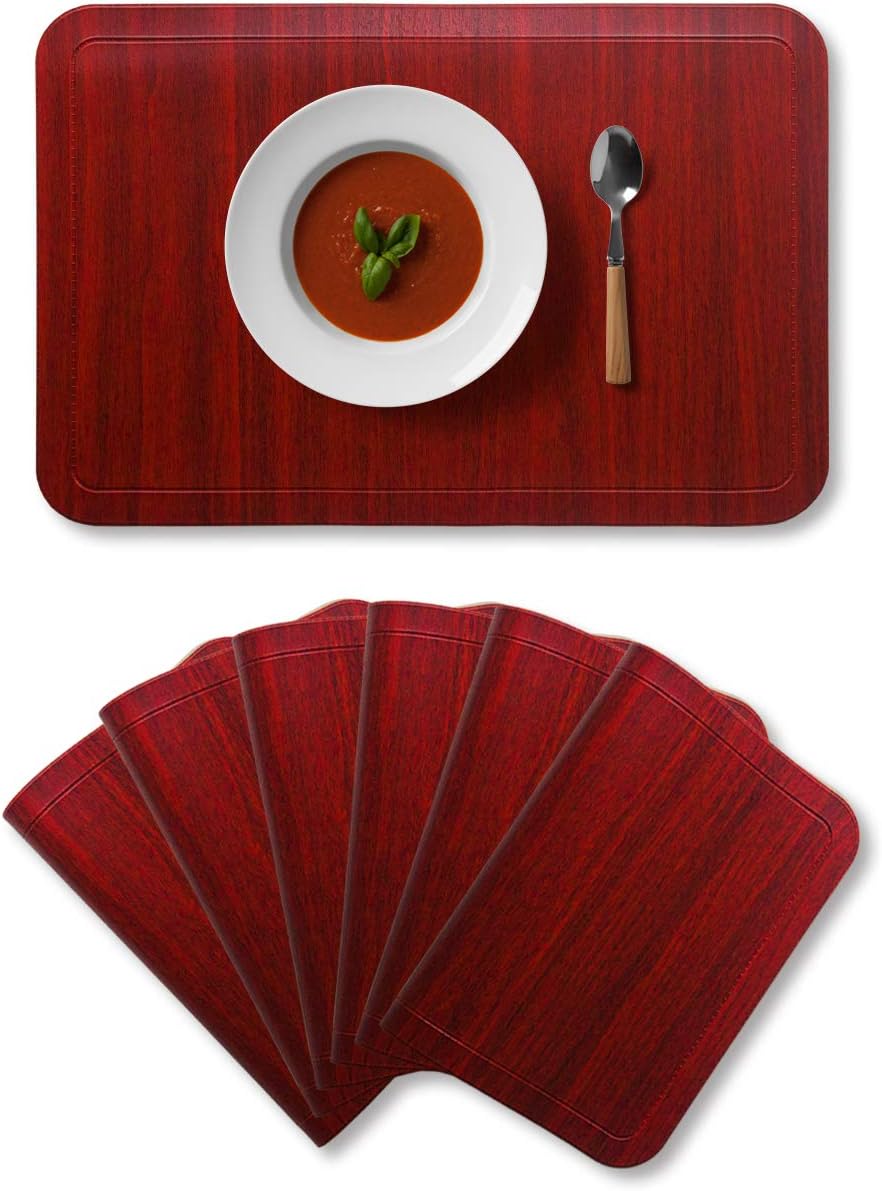 ALPIRIRAL Placemats Set of 6, Vinyl Washable Wipeable Black Place Mats, Heat Resistant Waterproof Faux Leather Table Mats, Non Slip Easy to Clean placemat for Dining Table, Outdoor Modern (Wood Red)