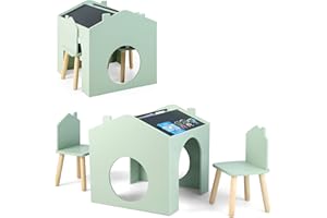 Costzon Kids Table and Chair Set, 3 Pieces Wooden Table Set for Toddler w/Chalkboards for Arts, Crafts, Reading, Drawing, Hou